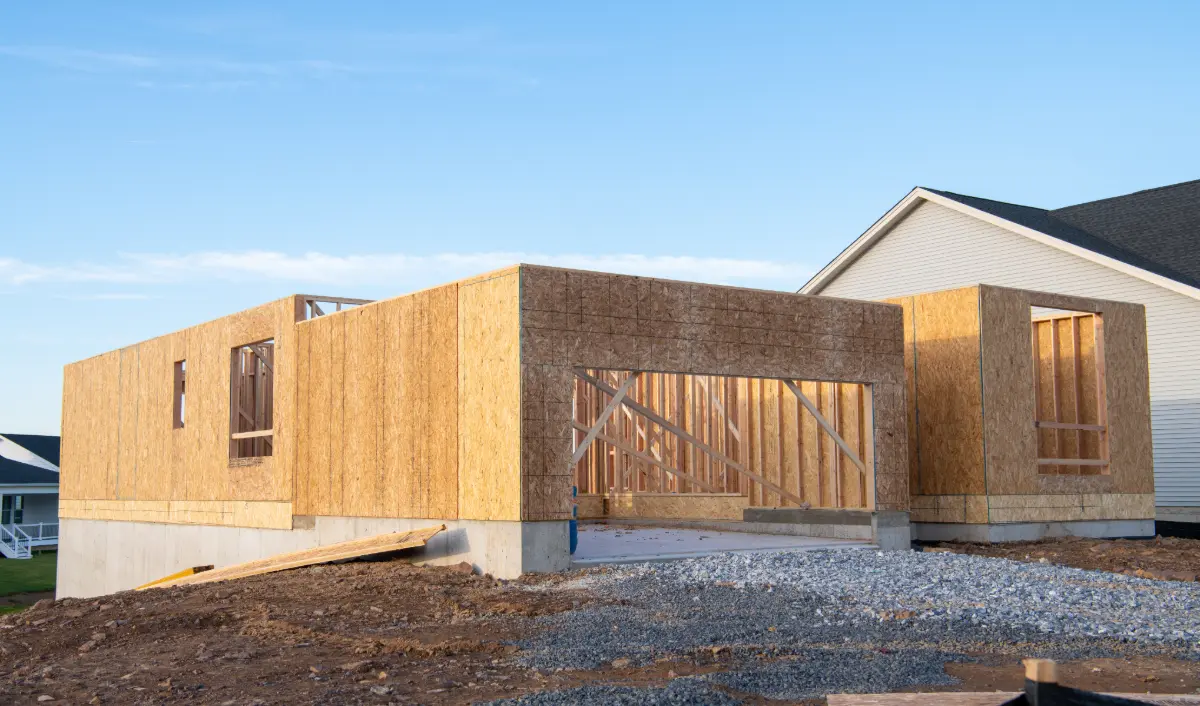 Timber and plywood frame of a new home under construction